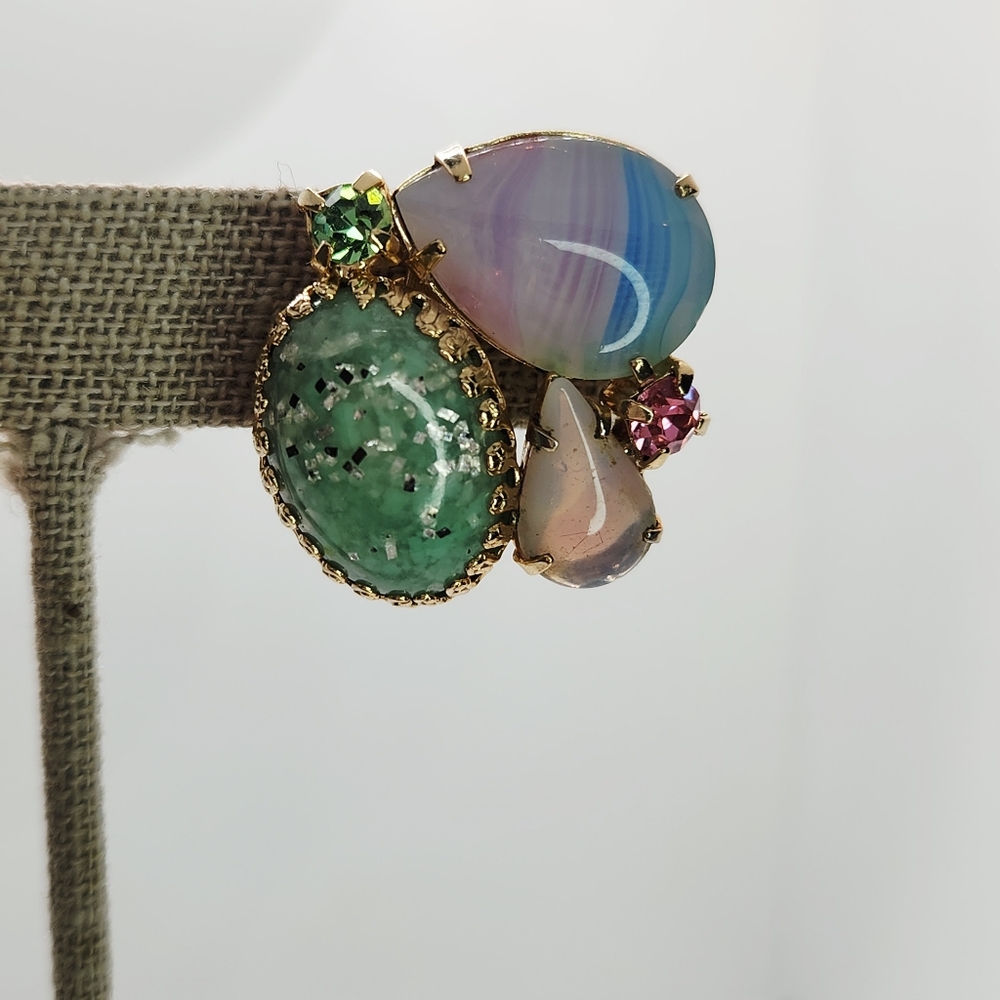 Vintage 1940s Iris & Confetti Art Glass Cabochon Clip-On Earrings Gold Tone - Picture 8 of 10